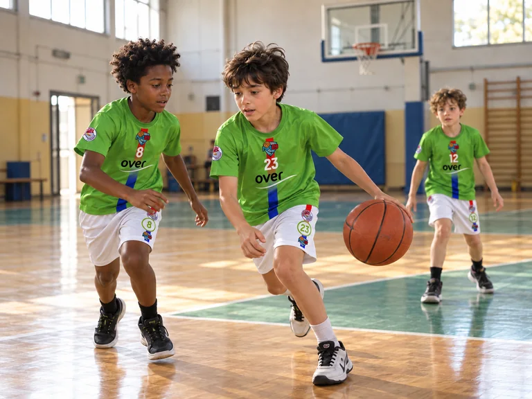 Immagine illustrativa: bambini di fantasia durante un esercizio di palleggio con divise verdi e pantaloncini bianchi