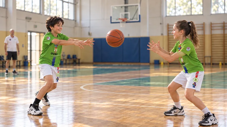 Immagine illustrativa: due bambini di fantasia si passano il pallone con divise verdi e pantaloncini bianchi